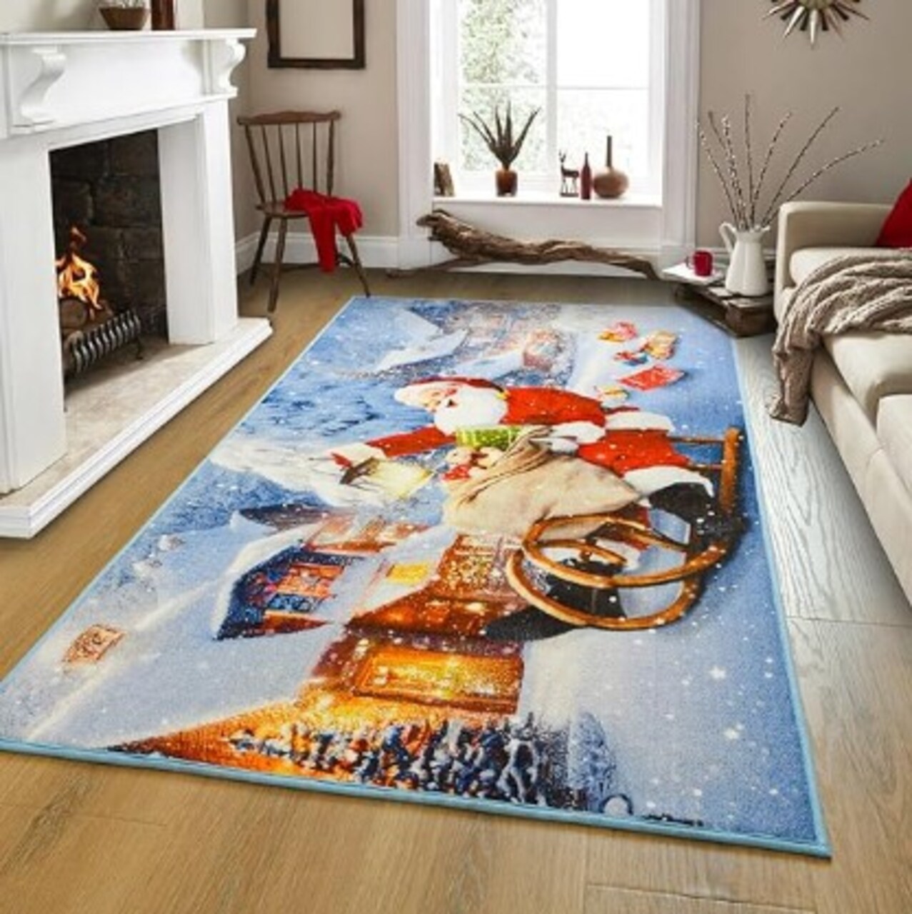 Christmas Rugs Indoor Large Area Rug for Living Room Floor Carpet for Bedroom, Washable Non-Slip Throw Rugs with Rubber Backing Decorative Blue Santa Rug for Kitchen Fireplace Decor